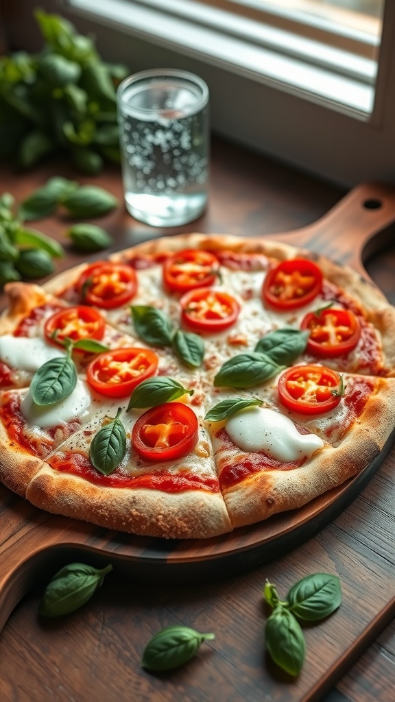 A freshly baked pizza with mozzarella cheese, tomatoes, and basil on a wooden board in natural light.